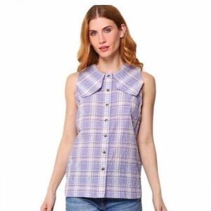GANNI Sleeveless seersucker check top in Lavender